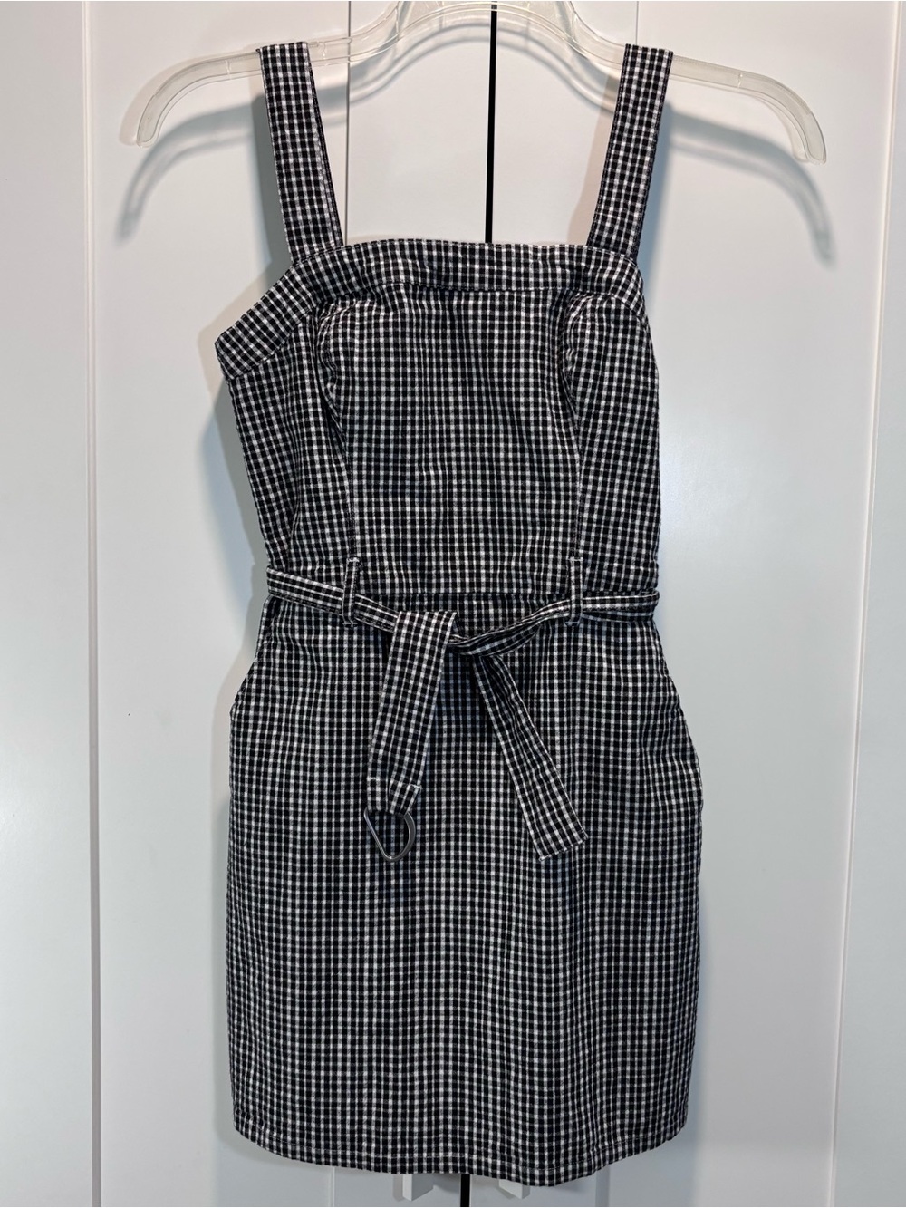 Hollister Cotton Summer Smock Dress Pockets Black White Gingham Belted Mini S